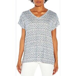 Orvis Women's Blue Ikat Tunic Short Sleeve V-Neck Geometric Top Size L